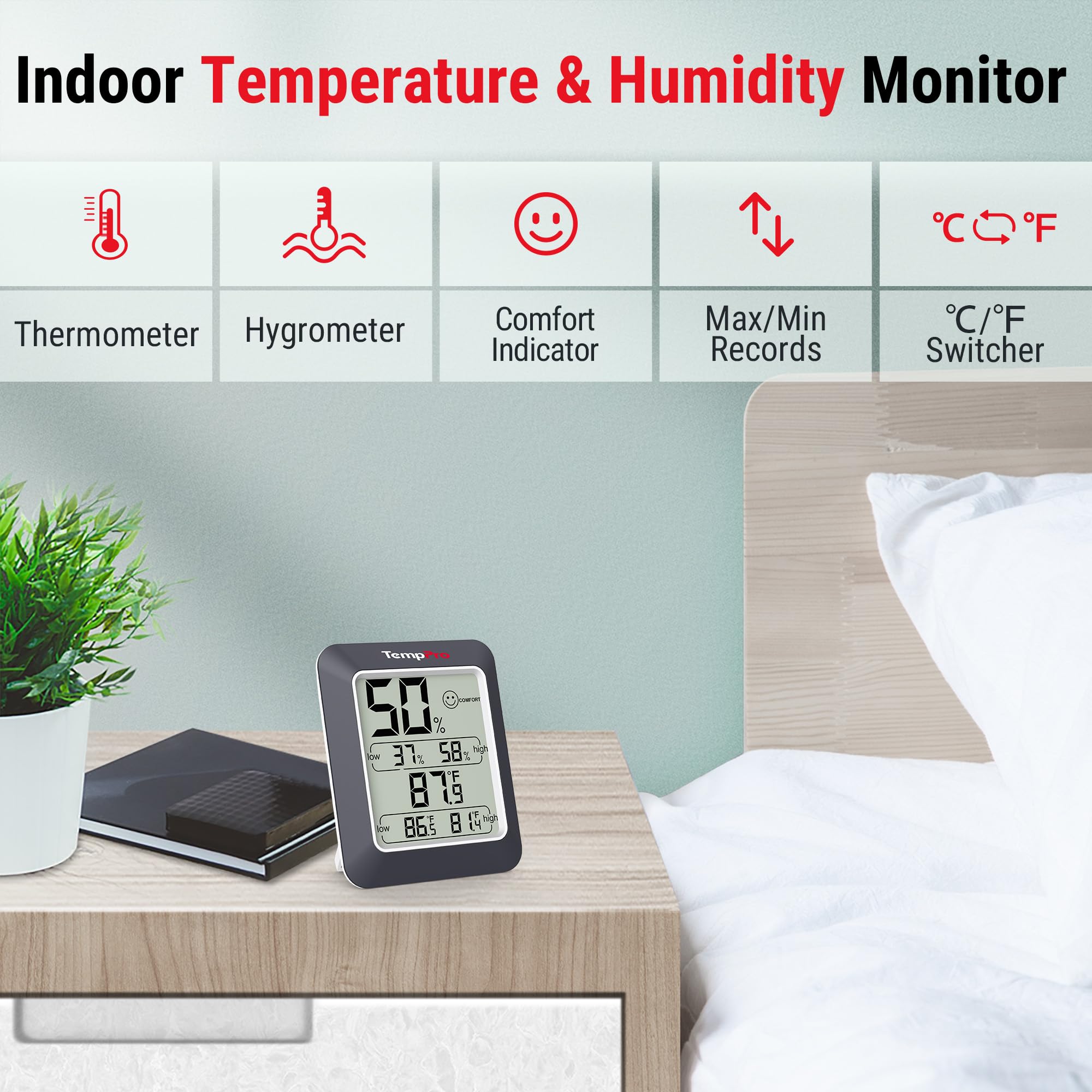 TempPro Hygrometer with tabletop stand on a kitchen counter