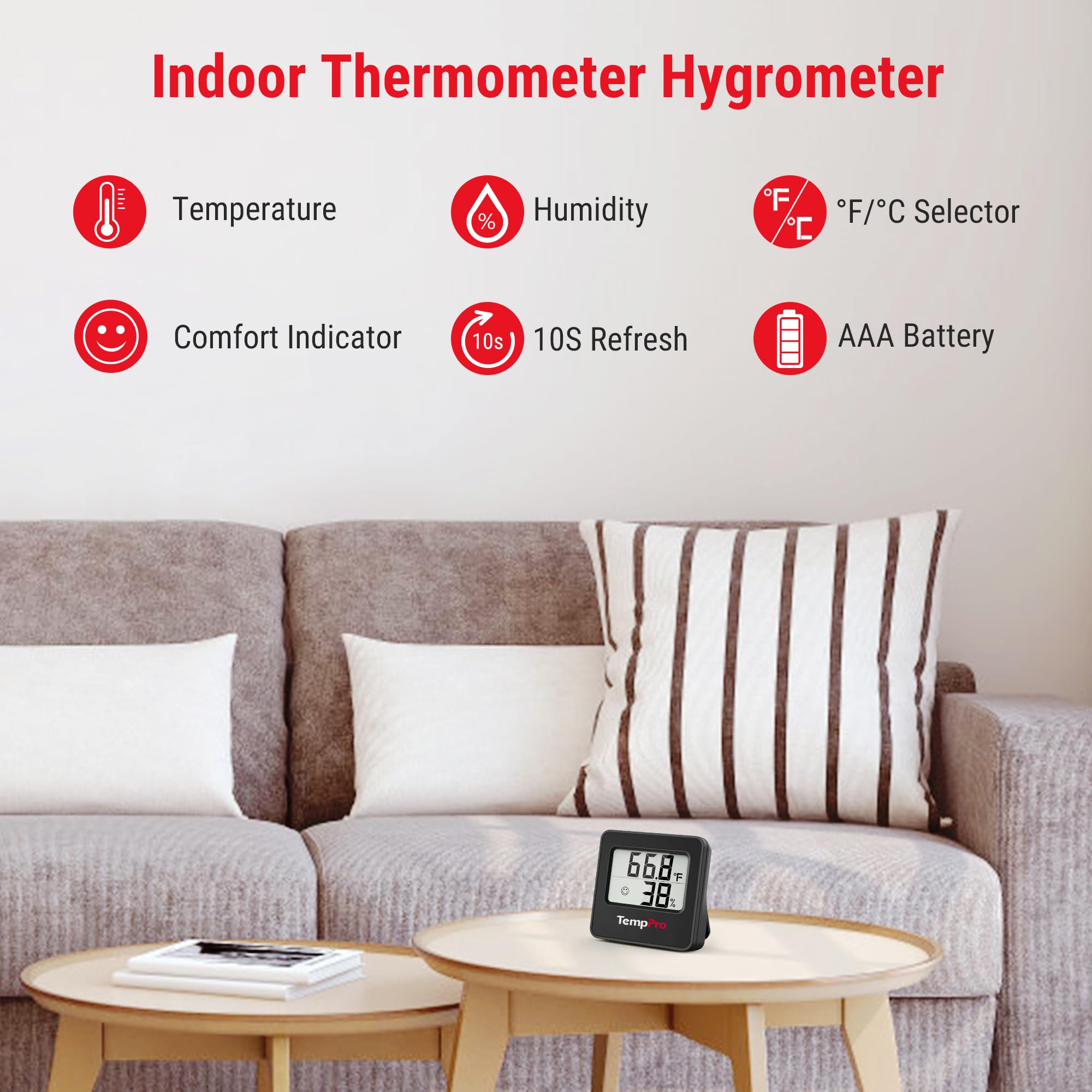 TempPro Indoor Thermometer Hygrometer side view with LCD display