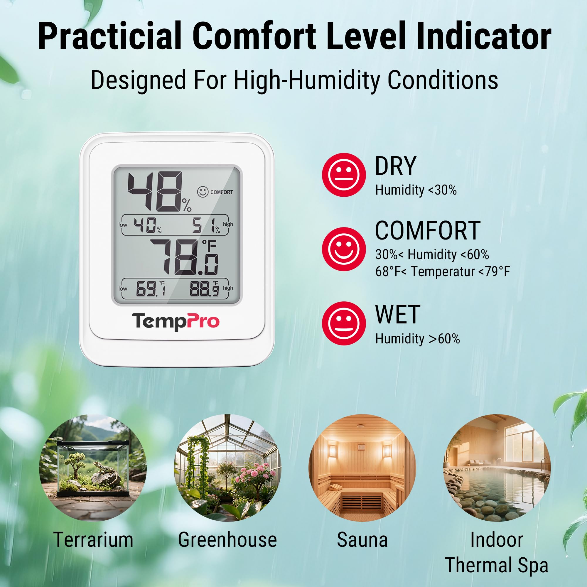 TempPro TempAir Digital Hygrometer on a metal shelf with magnetic back