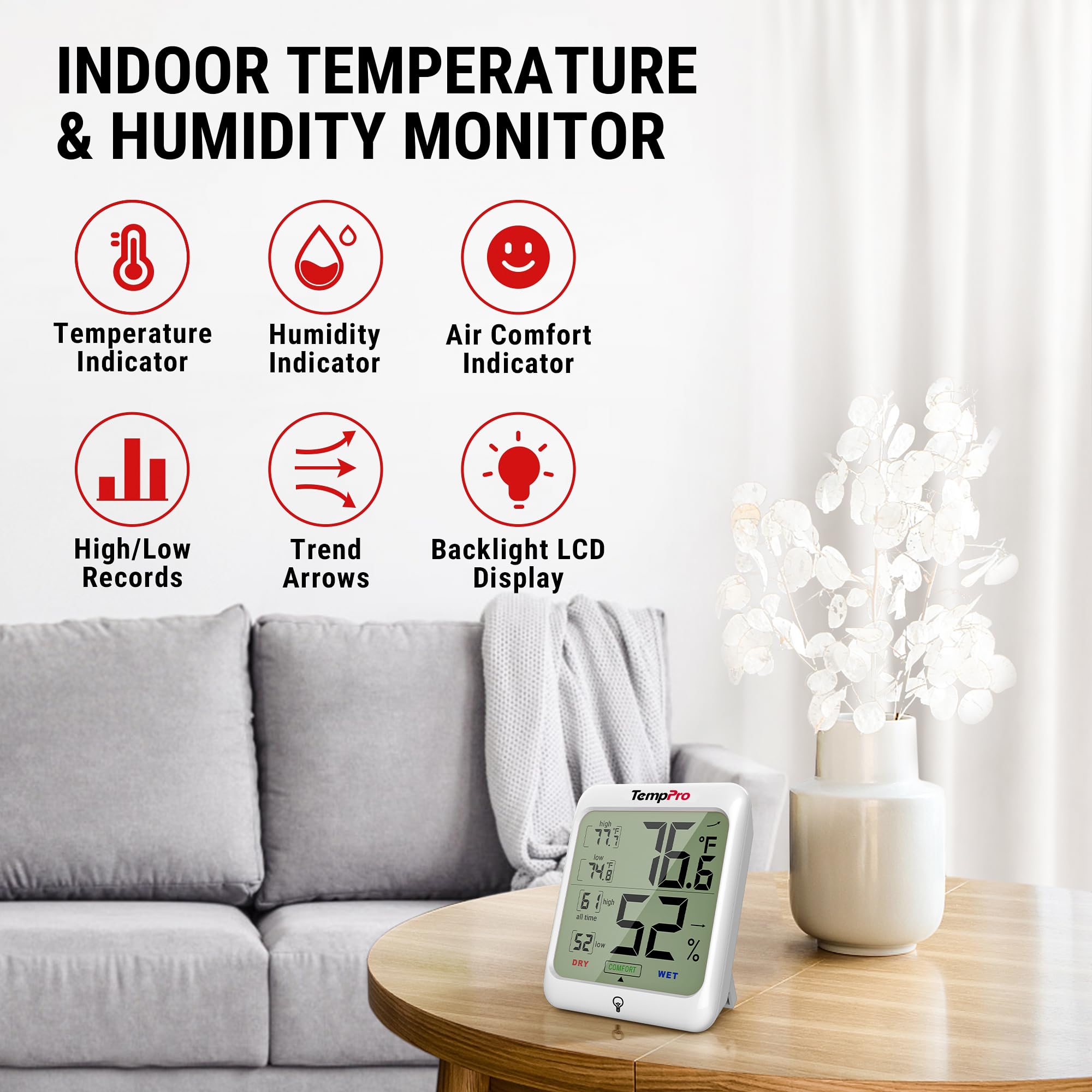 TempPro TempAir Hygrometer showing temperature and humidity readings