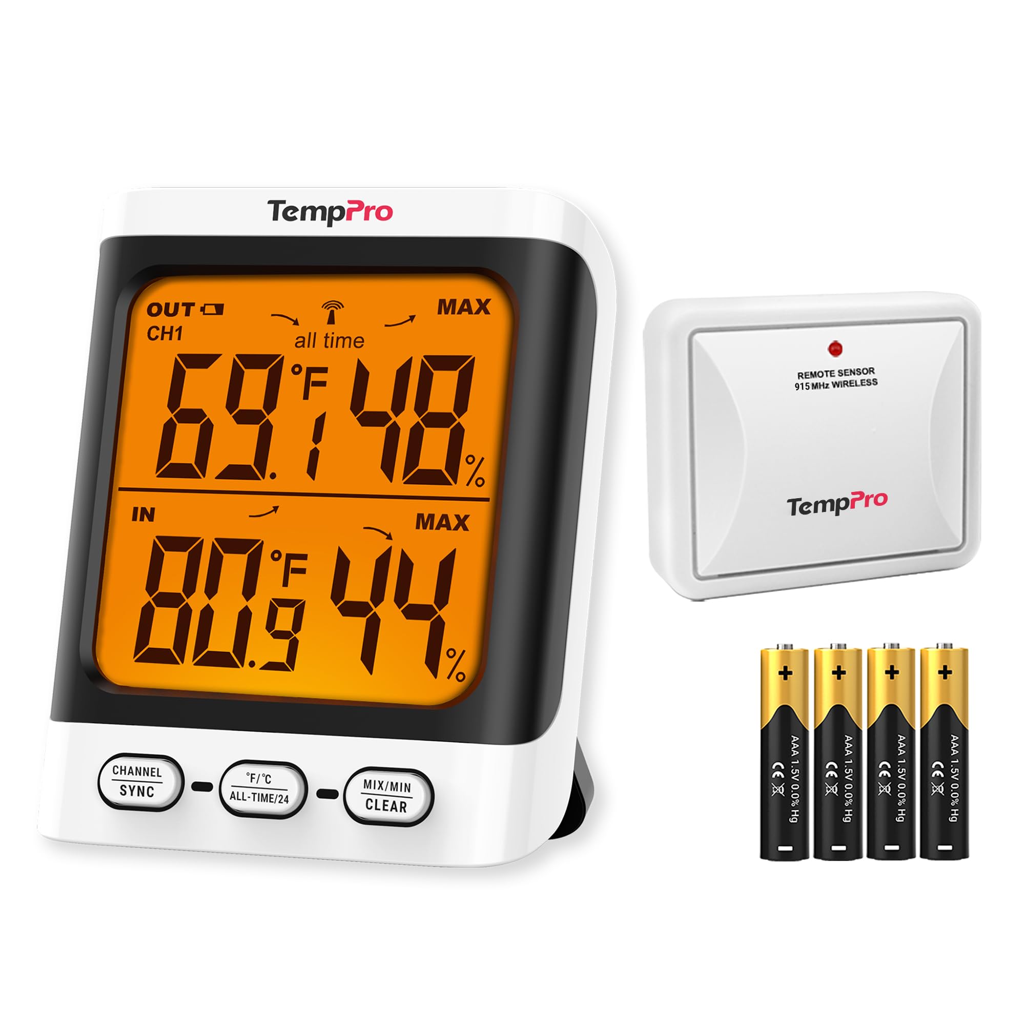 TempPro TempAir Wireless Thermometer front view with large backlit display