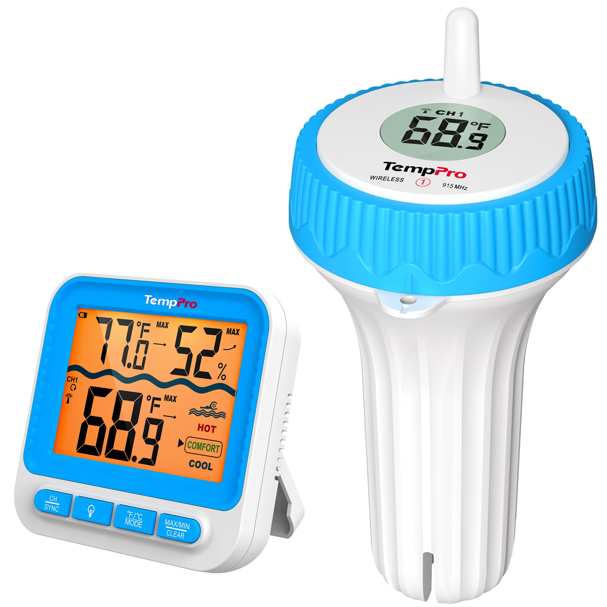 TempPro Wireless Pool Thermometer front view in blue