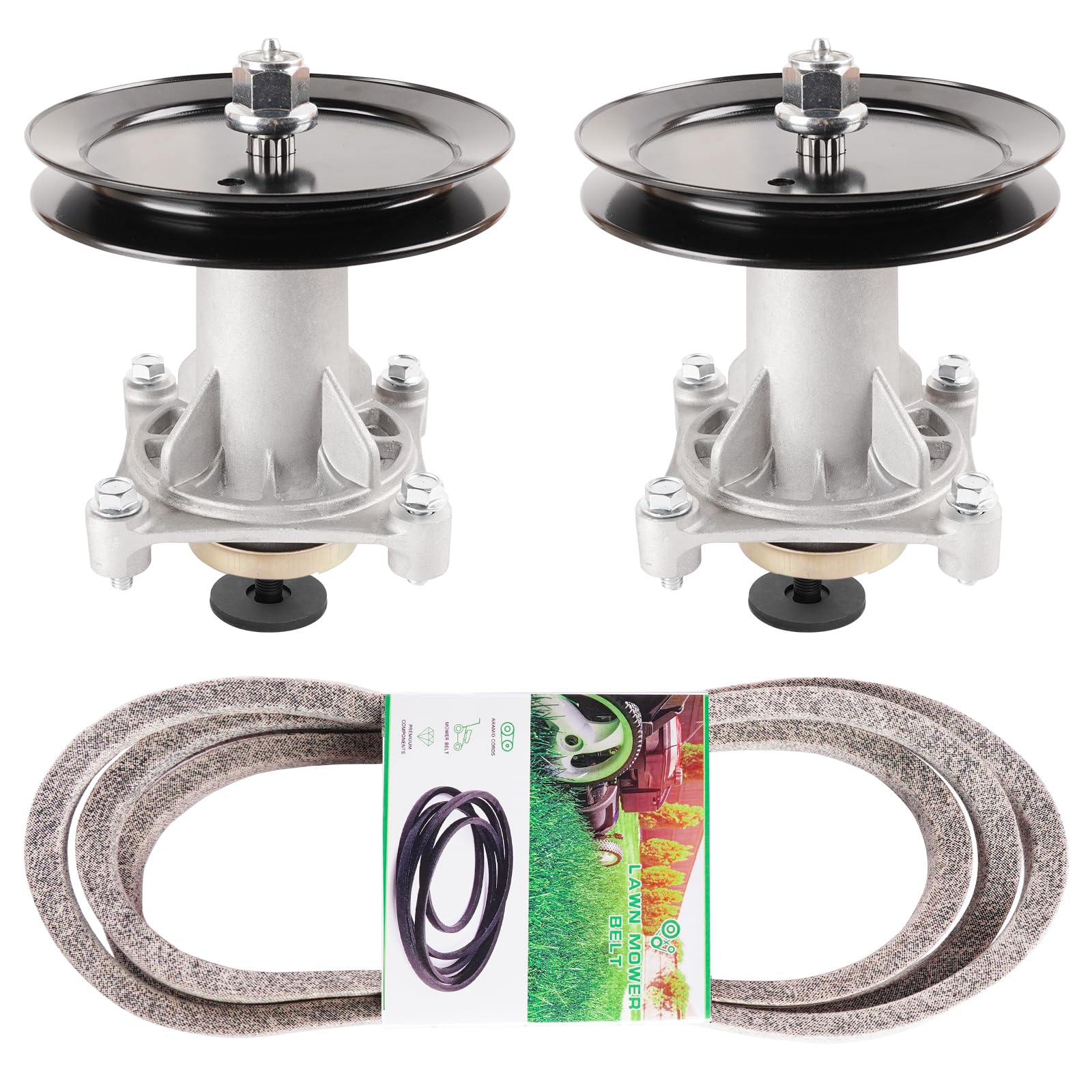 TENGMUJX Mower Deck Spindle Kit components including 2 spindles and 2 pulleys