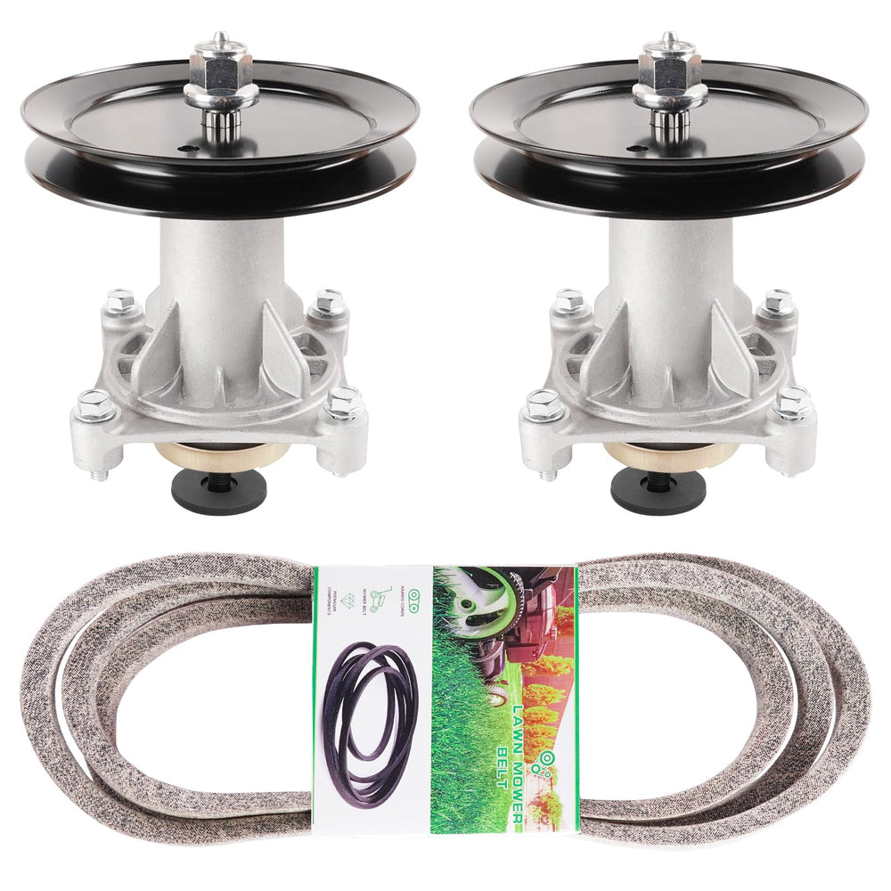 TENGMUJX Mower Deck Spindle Kit components including 2 spindles and 2 pulleys