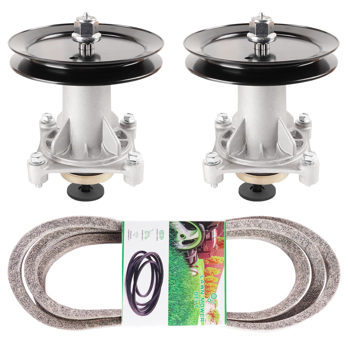 TENGMUJX Mower Deck Spindle Kit components including 2 spindles and 2 pulleys