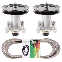 TENGMUJX Mower Deck Spindle Kit components including 2 spindles and 2 pulleys