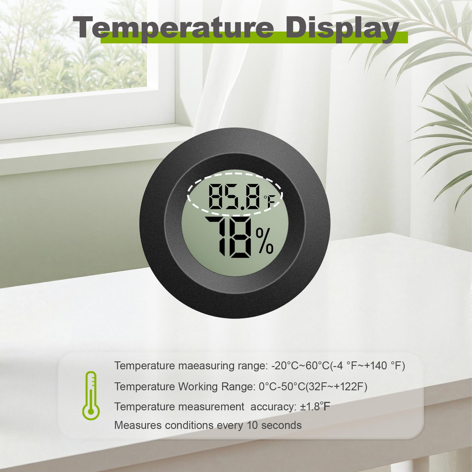 TeqyAqs Mini Hygrometer Thermometer side view with dimensions