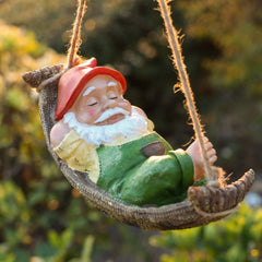 TERESA'S COLLECTIONS Green Garden Gnome Statue resting in hammock