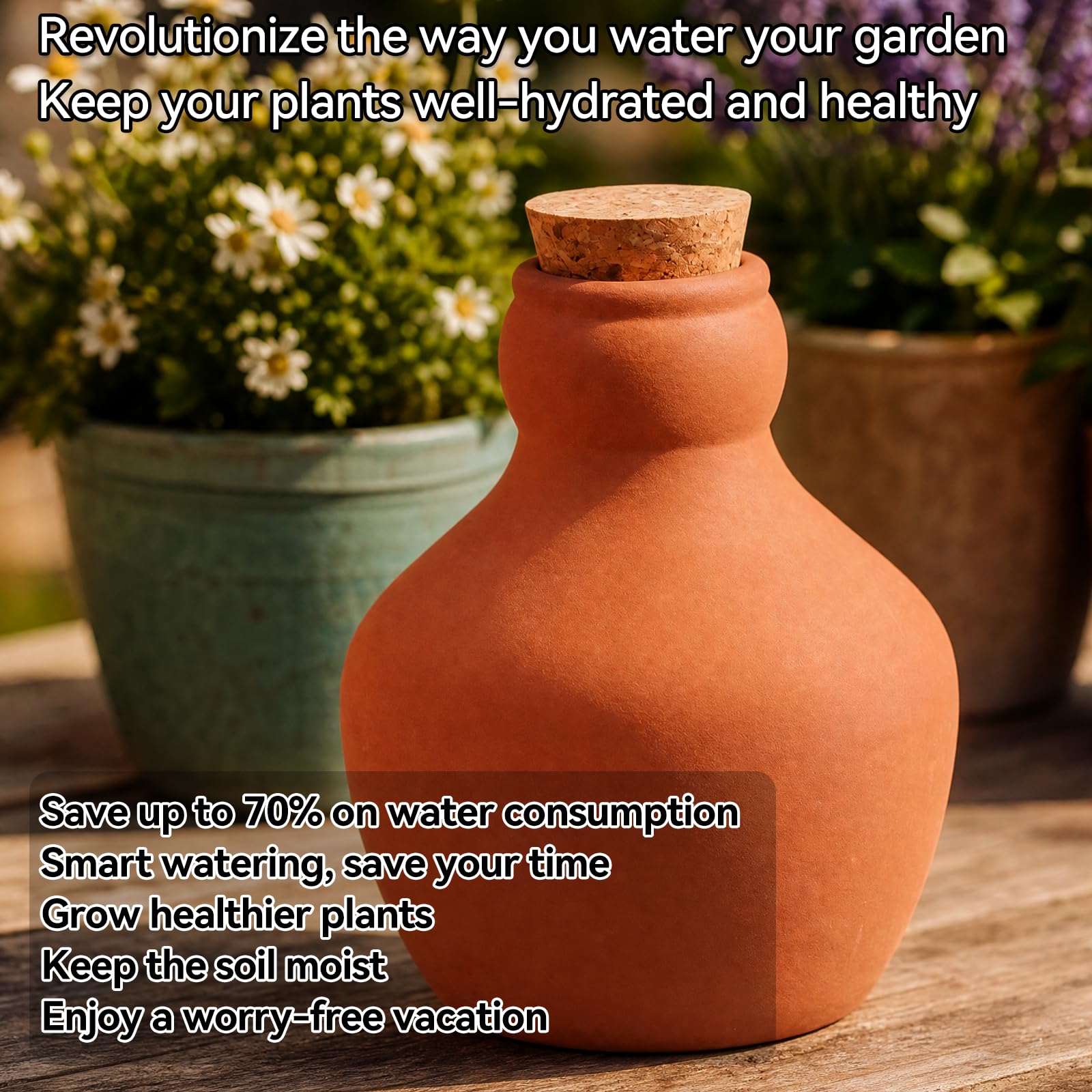 Terracotta watering pots placed in outdoor flower bed