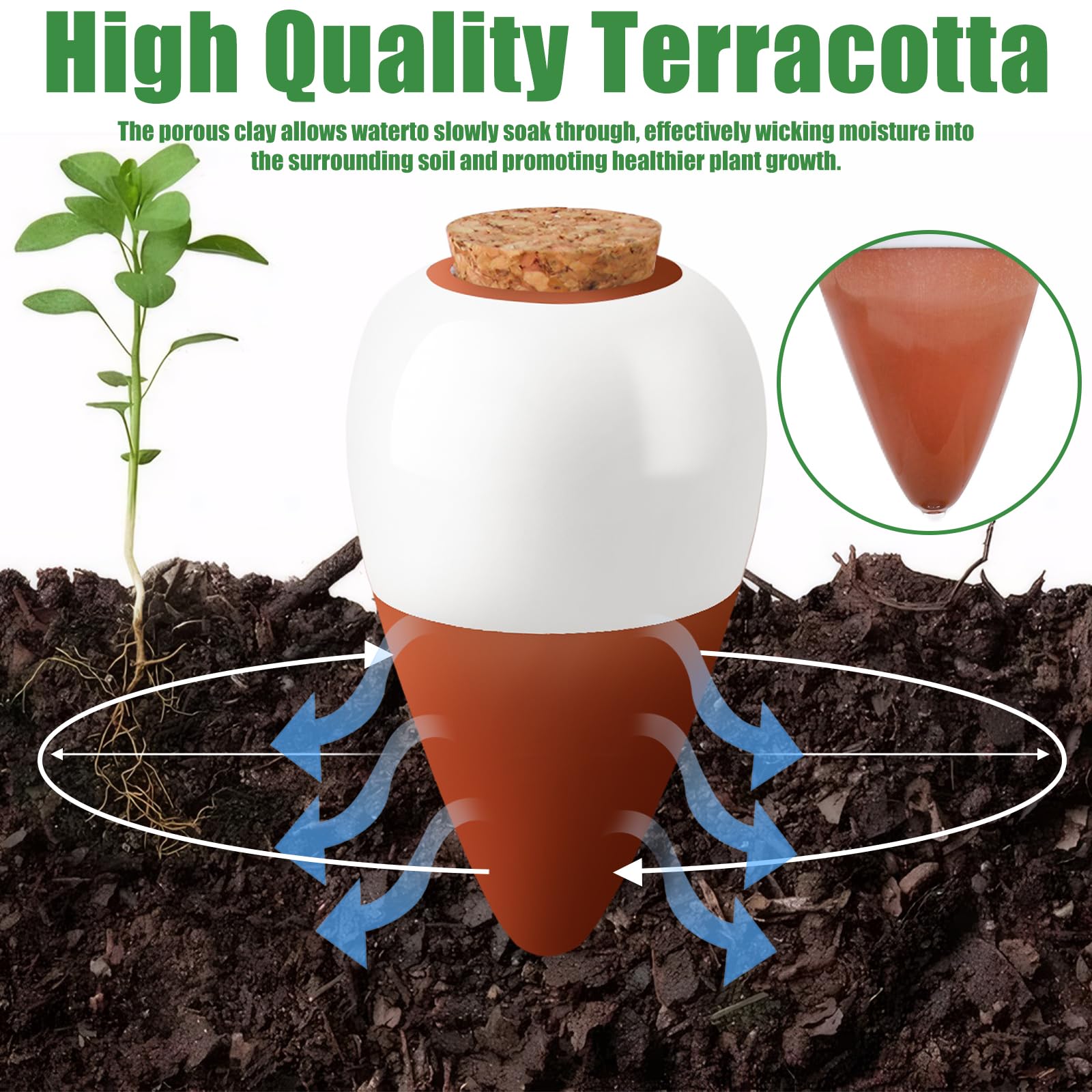 Terracotta watering spikes inserted in a flower pot