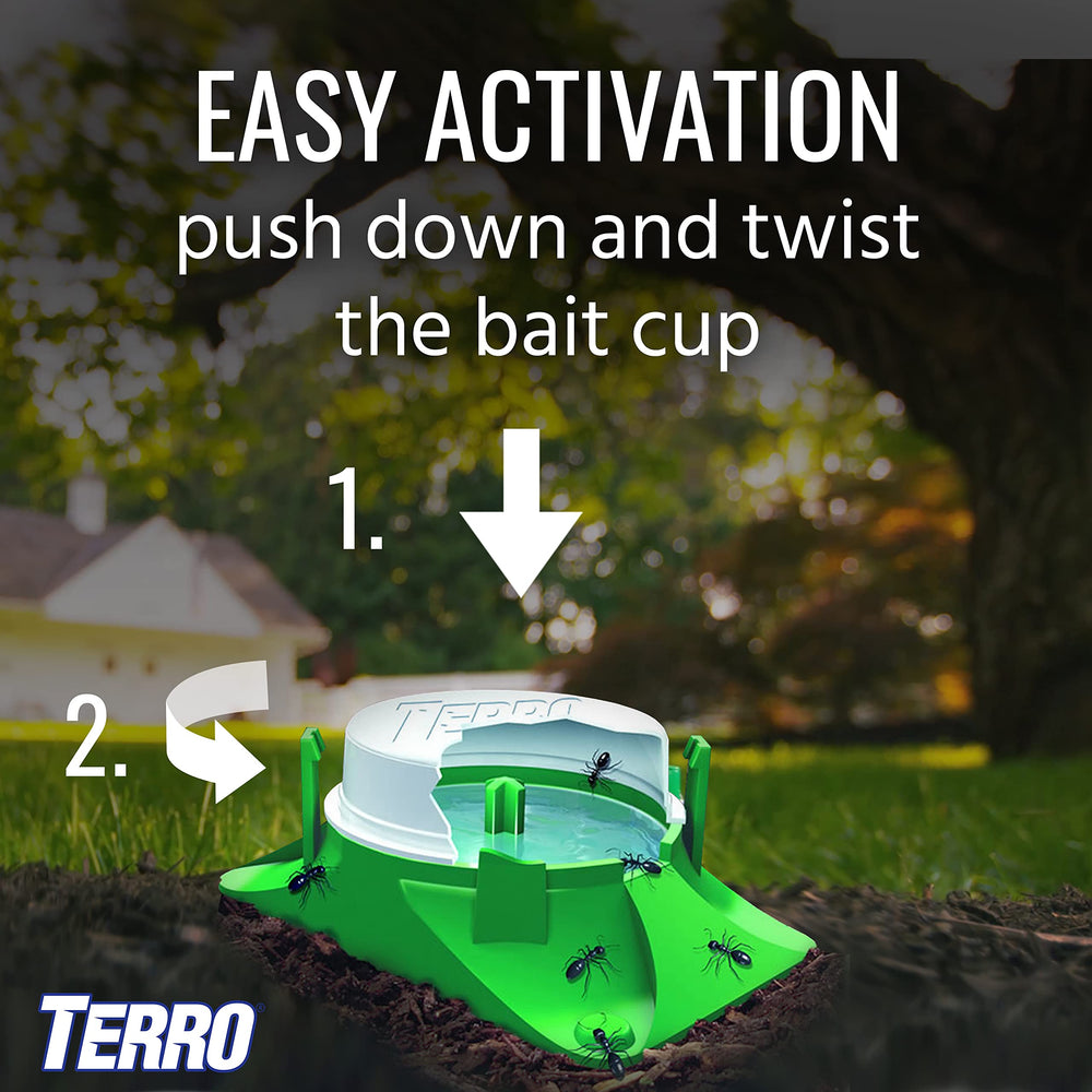 Terro bait station secured in soil outdoors