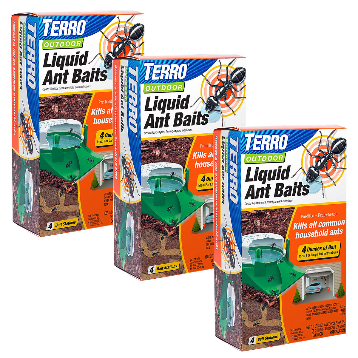 Terro Outdoor Liquid Ant Bait Stations pack front view with 12 stations