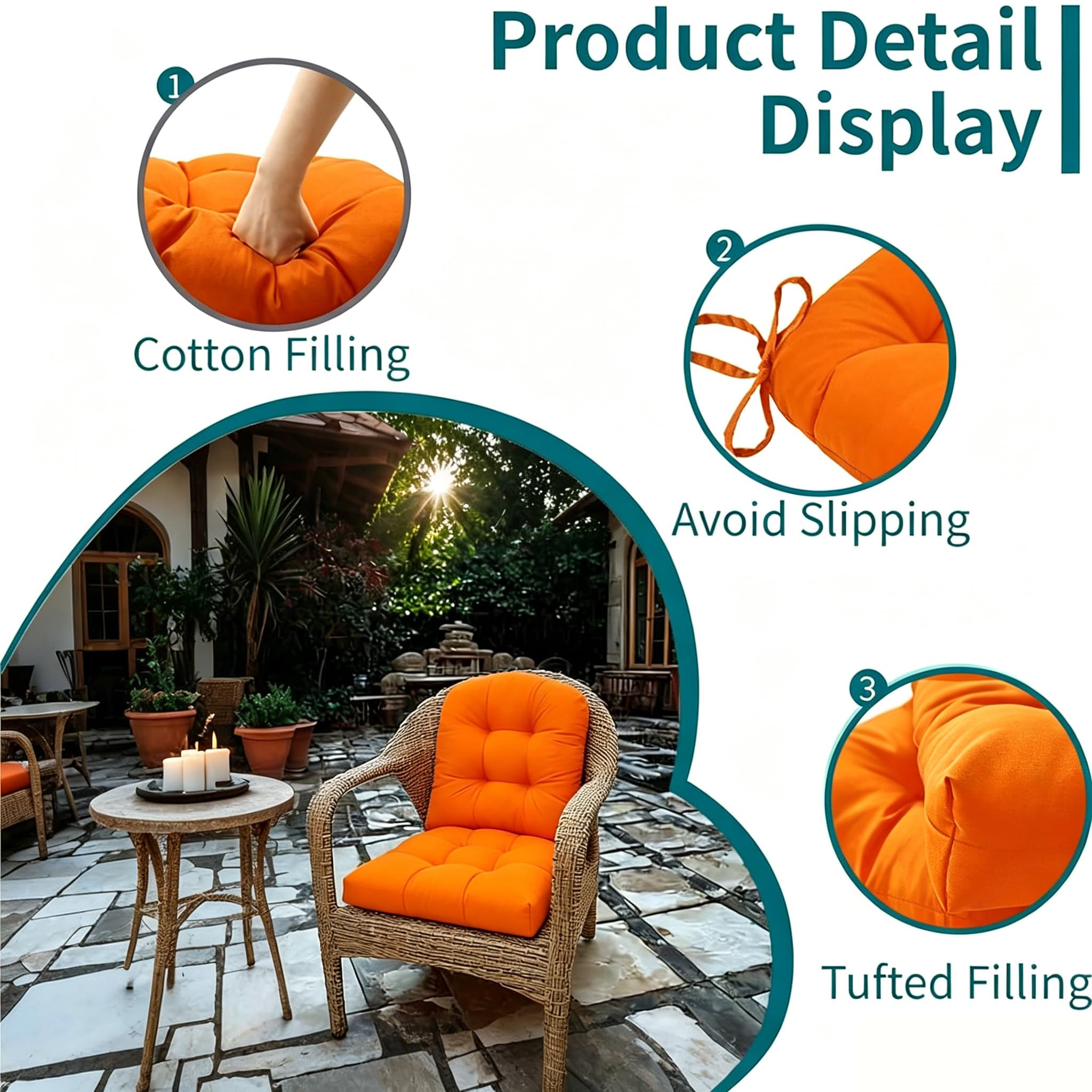 TESICA Orange Outdoor Wicker Seat Cushion close-up of fabric