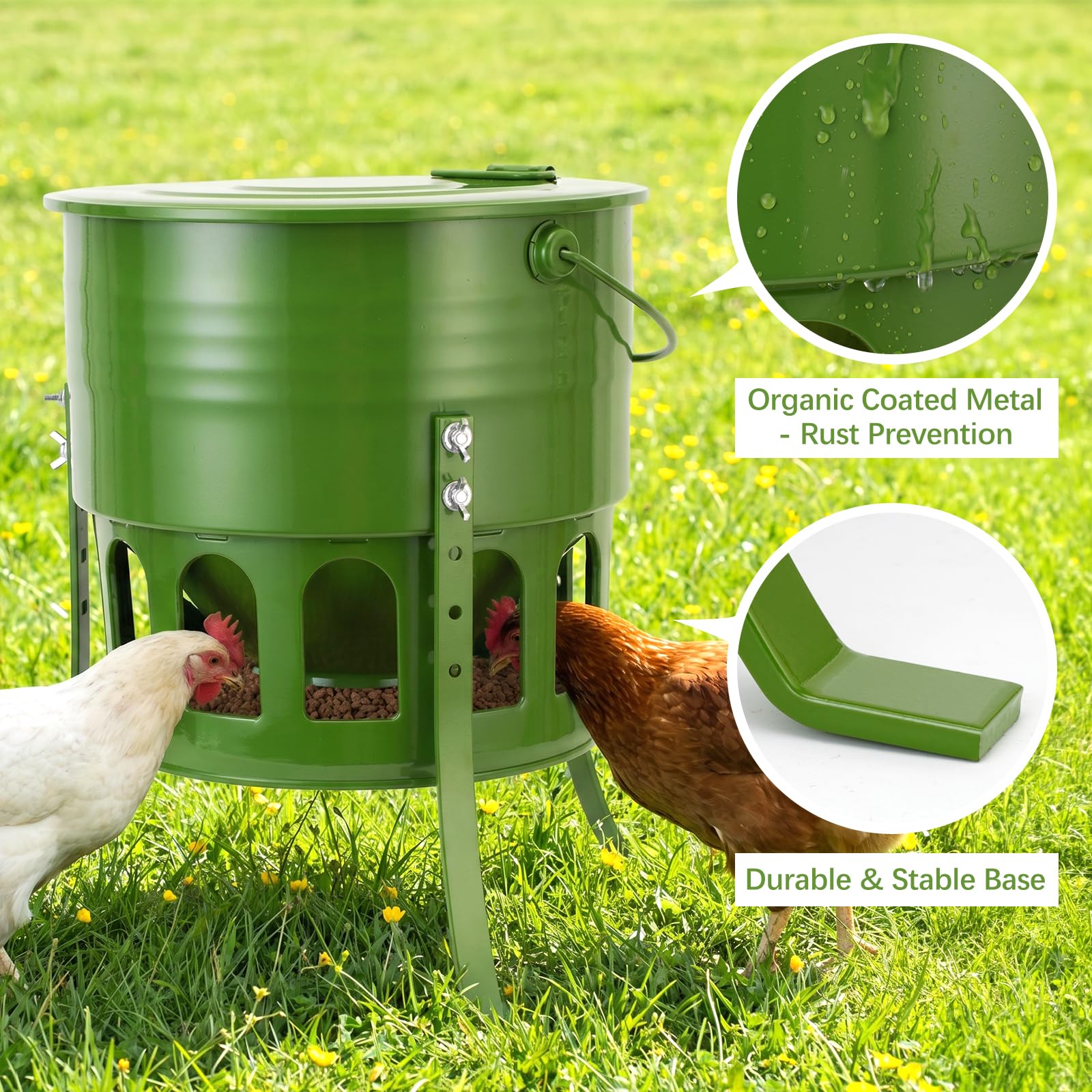 Tgeyd Metal Chicken Feeder in garden with chickens feeding