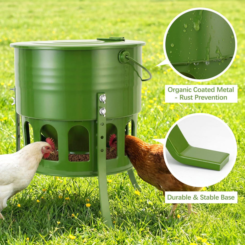Tgeyd Metal Chicken Feeder in garden with chickens feeding