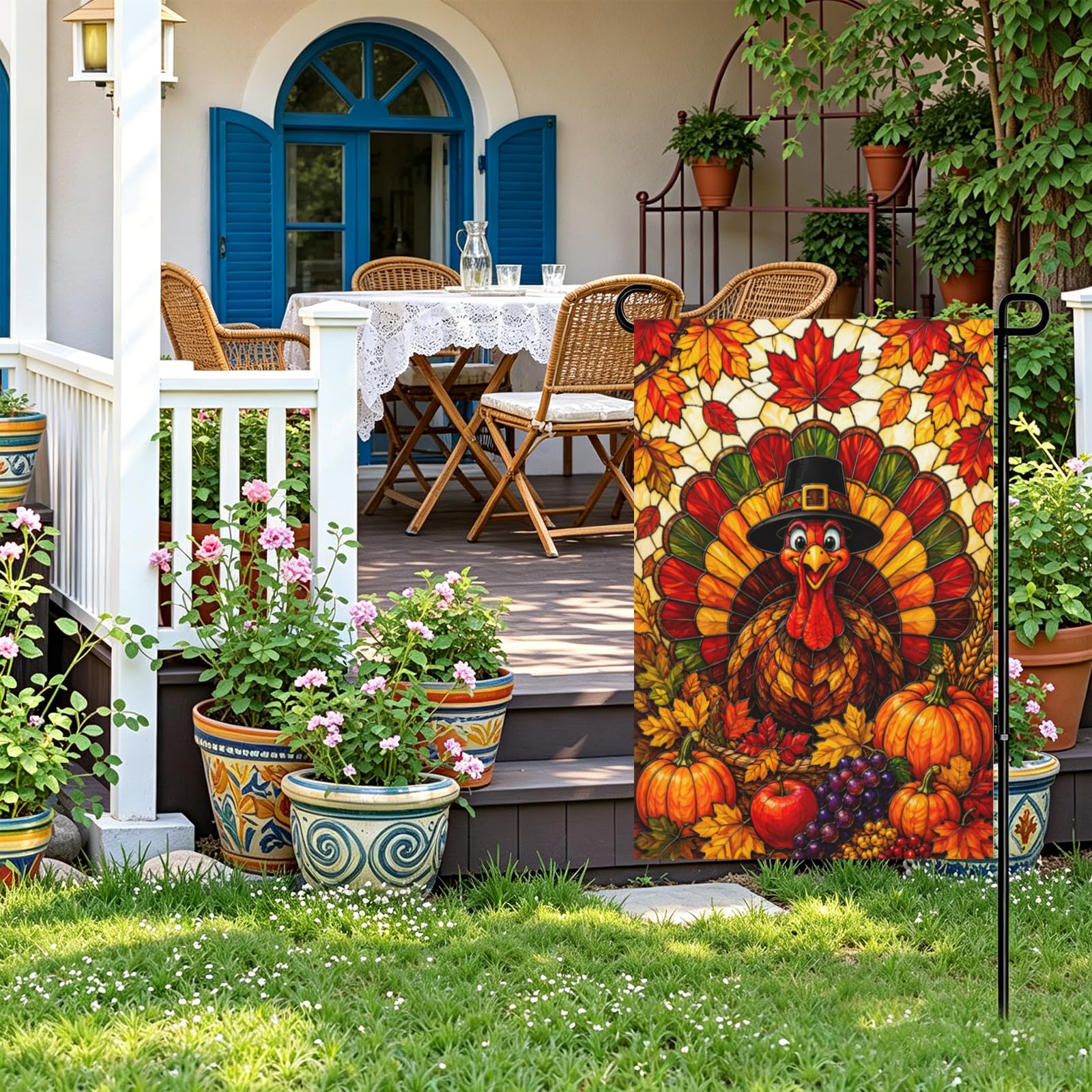 Thanksgiving Garden Flag in a garden setting