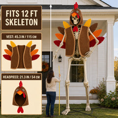 Thanksgiving yard display with turkey outfit on skeleton