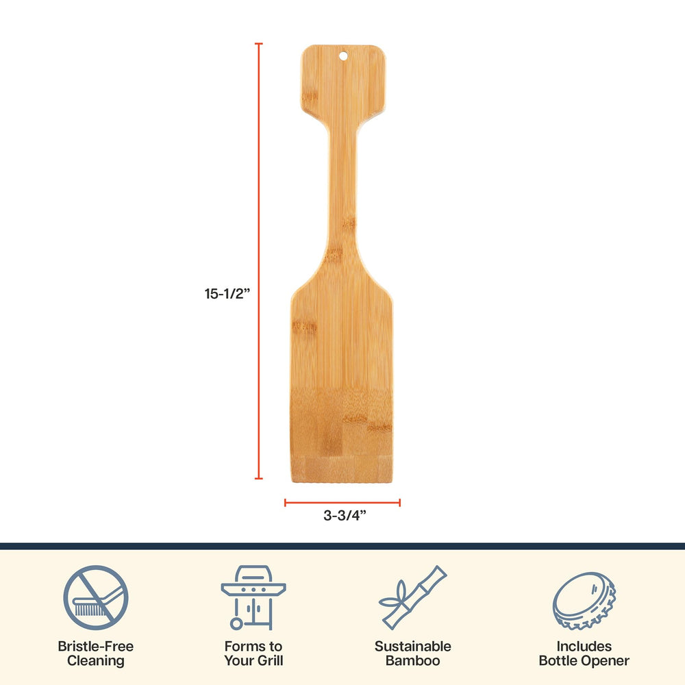 The angle of the Totally Bamboo Grill Scraper on a barbecue grill