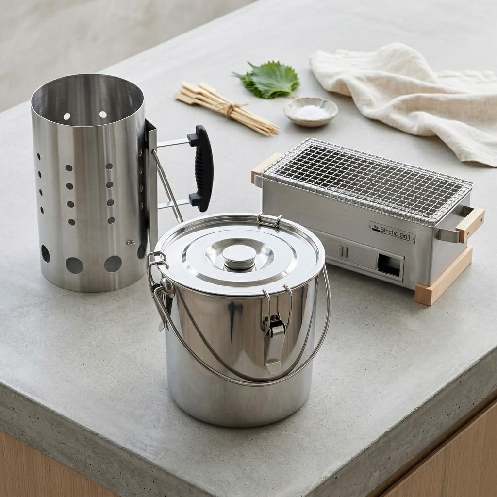 The Bincho Grill Charcoal Saver with handle extended