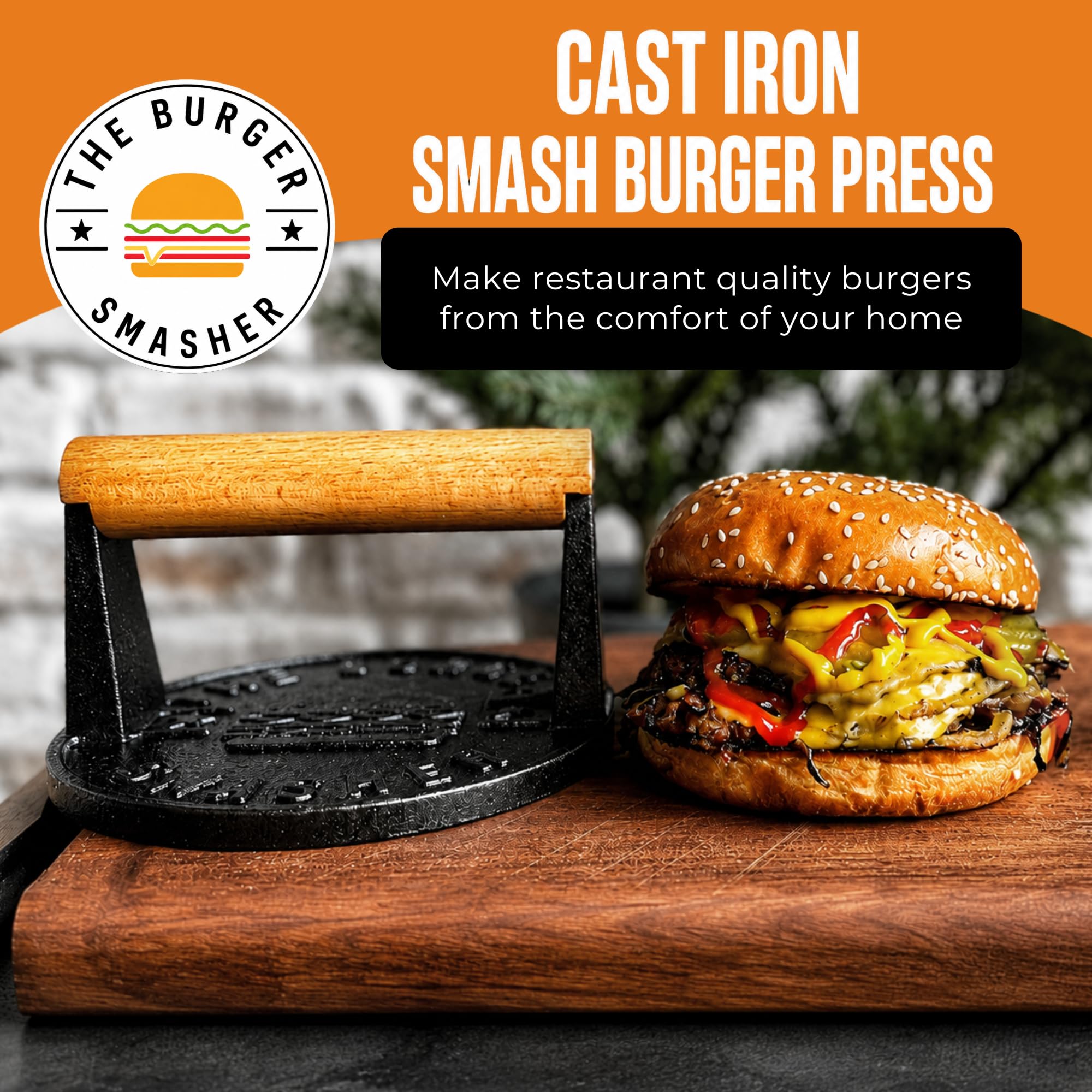 The Burger Smasher cast iron burger press with patty paper