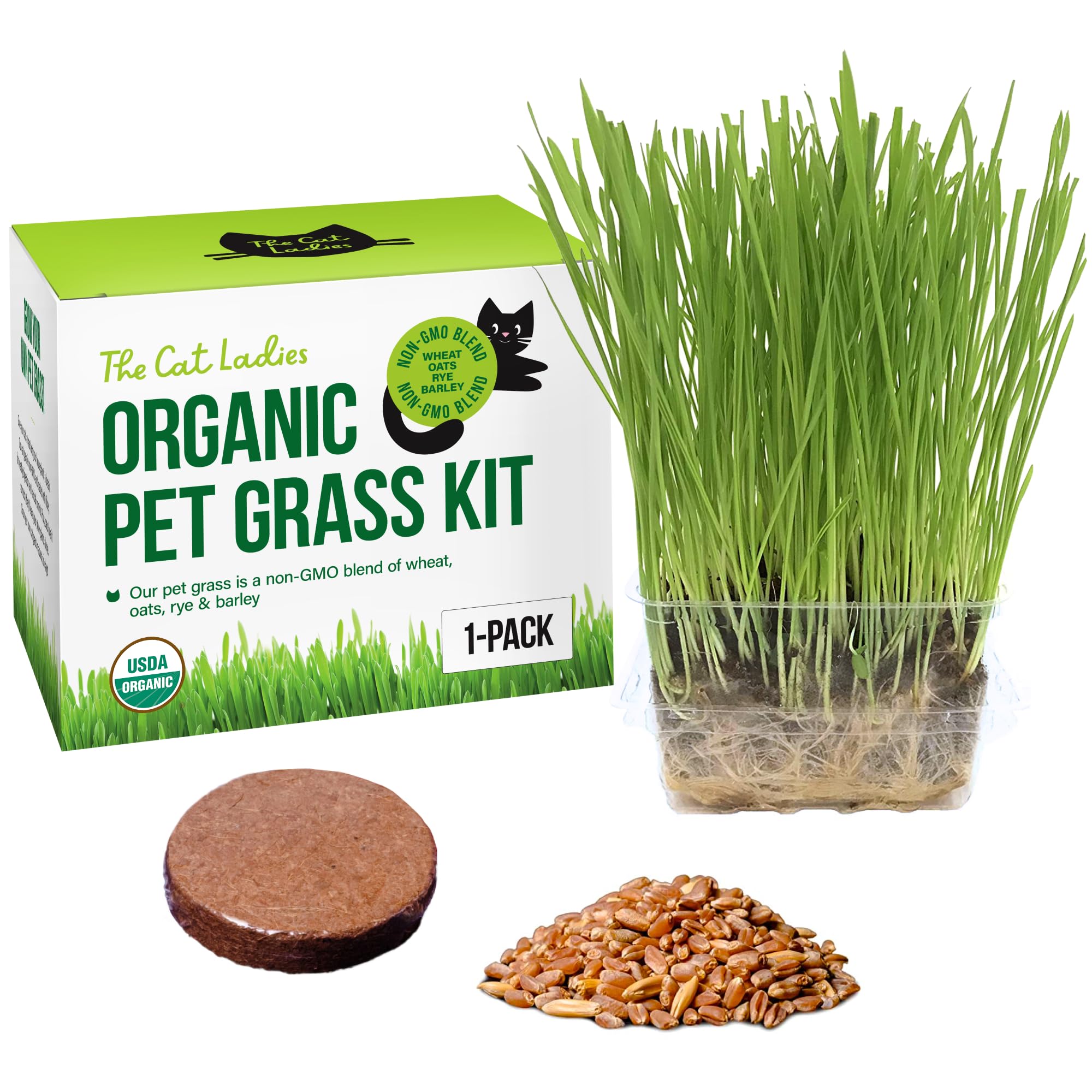 The Cat Ladies Cat Grass Growing Kit packaging with seeds and soil disk