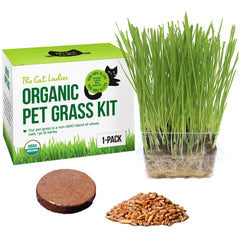 The Cat Ladies Cat Grass Growing Kit packaging with seeds and soil disk