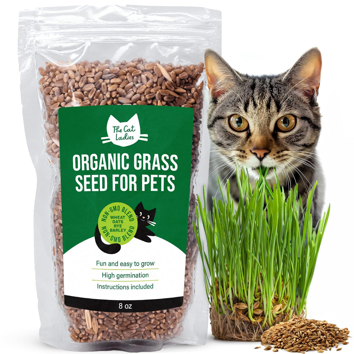 The Cat Ladies Organic Cat Grass Seed 8oz front packaging view