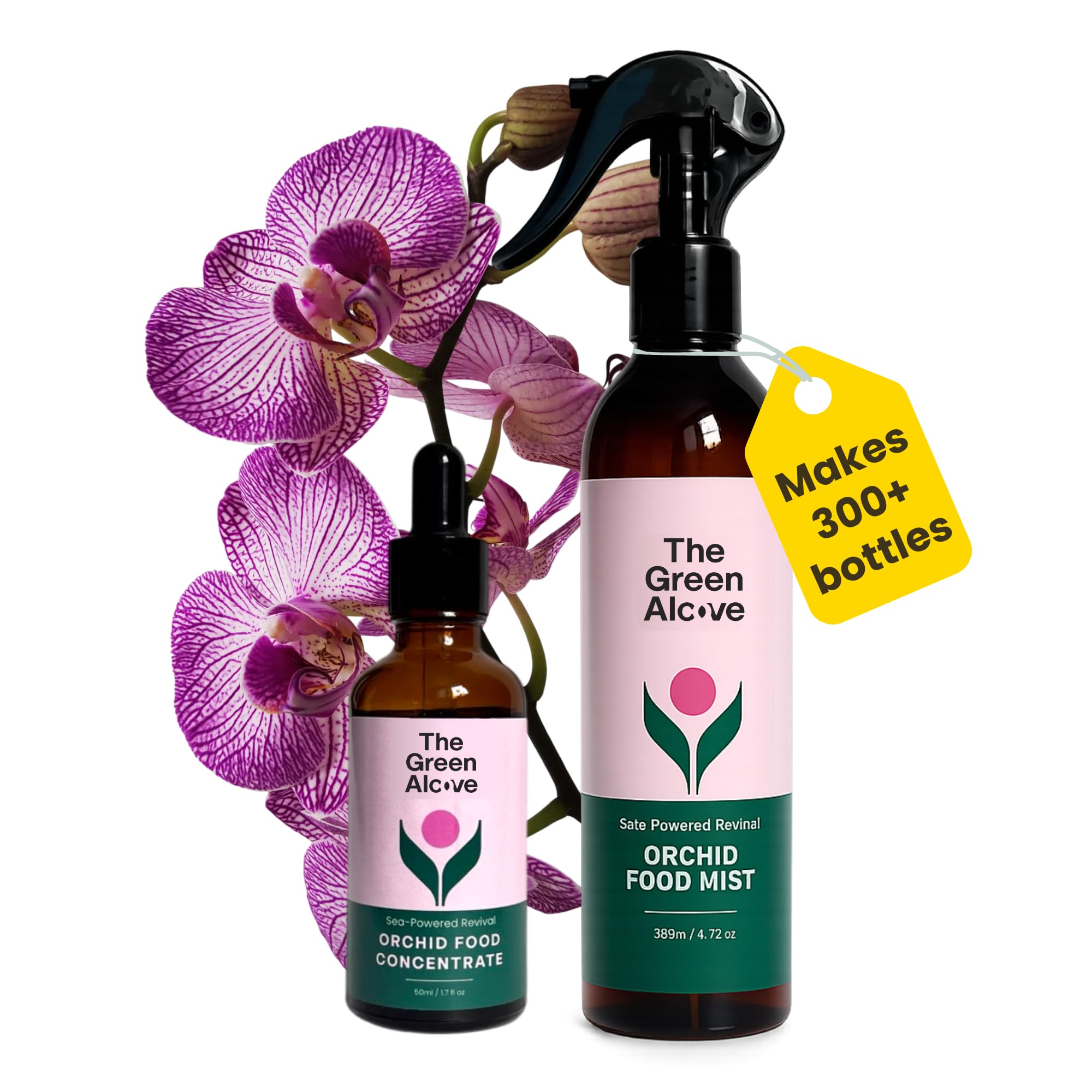 The Green Alcove Orchid Fertilizer Spray Kit with amber bottle and concentrate