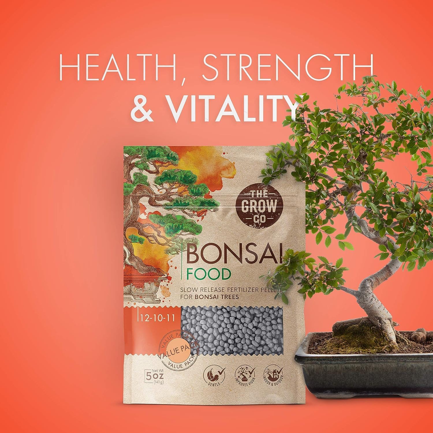 The Grow Co Bonsai Fertilizer granules on a wooden table