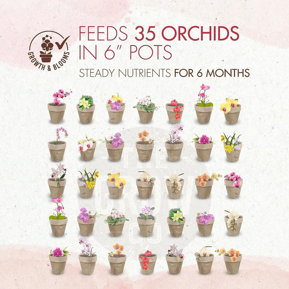 The Grow Co Orchid Plant Food 5 oz with orchid plants in the background