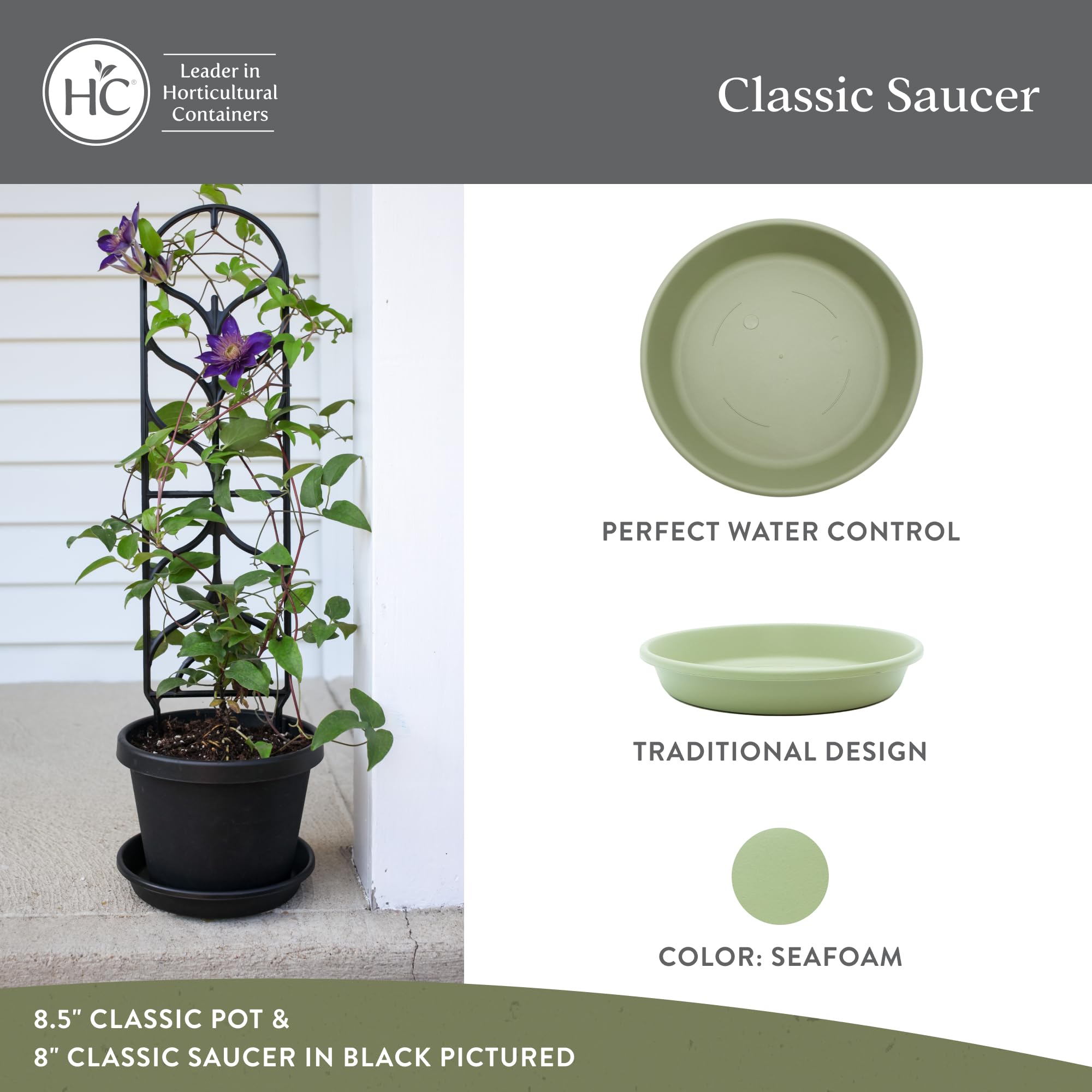 The HC Companies Classic Round Planter Pot, seafoam colour, side view
