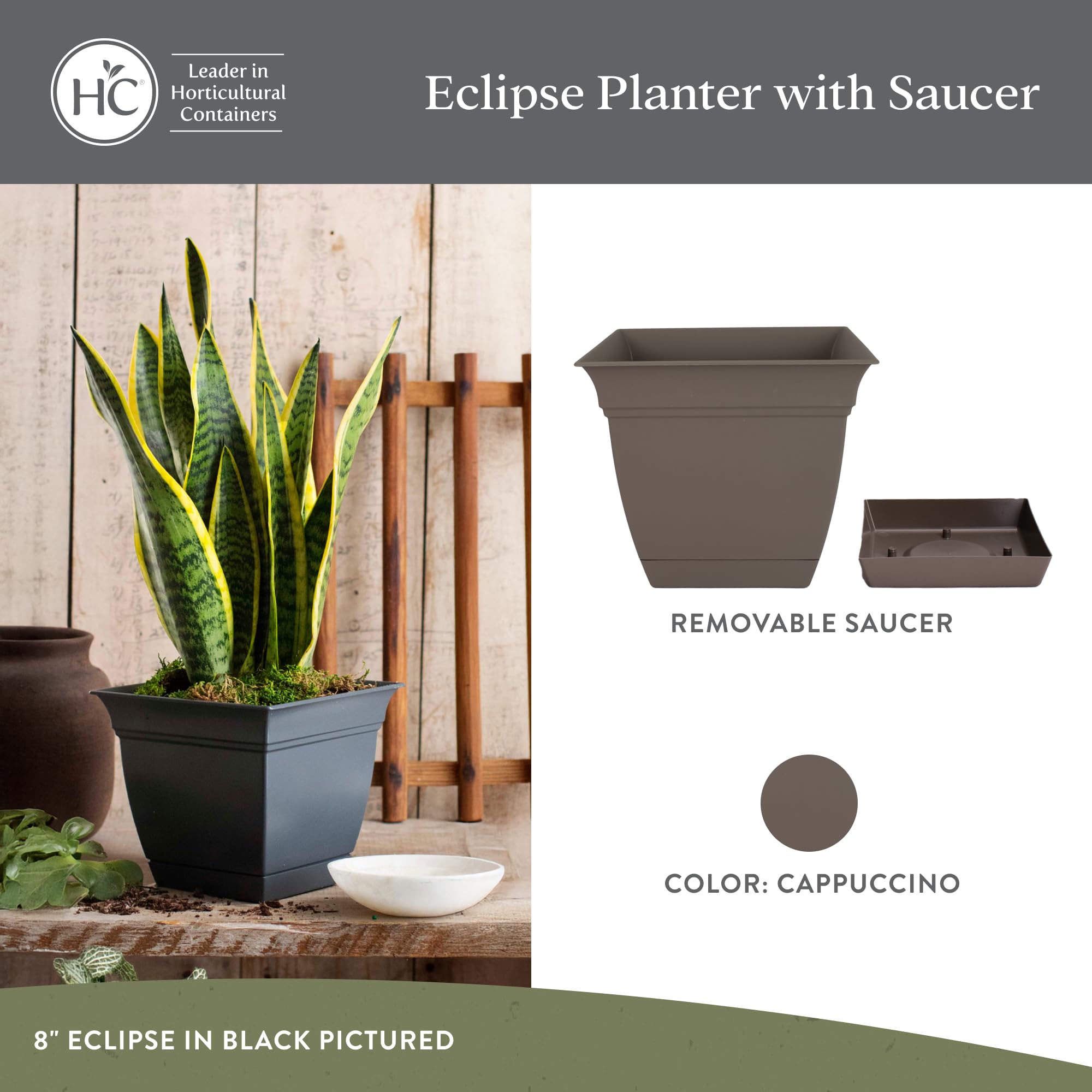 The HC Companies Eclipse Square Planter Pot with flowers, outdoor setting