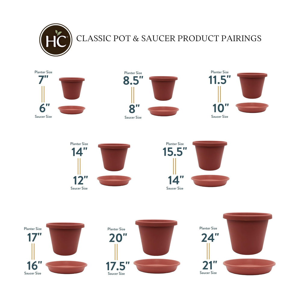 The HC Companies Flower Pot Saucer 10-inch clay displayed on patio