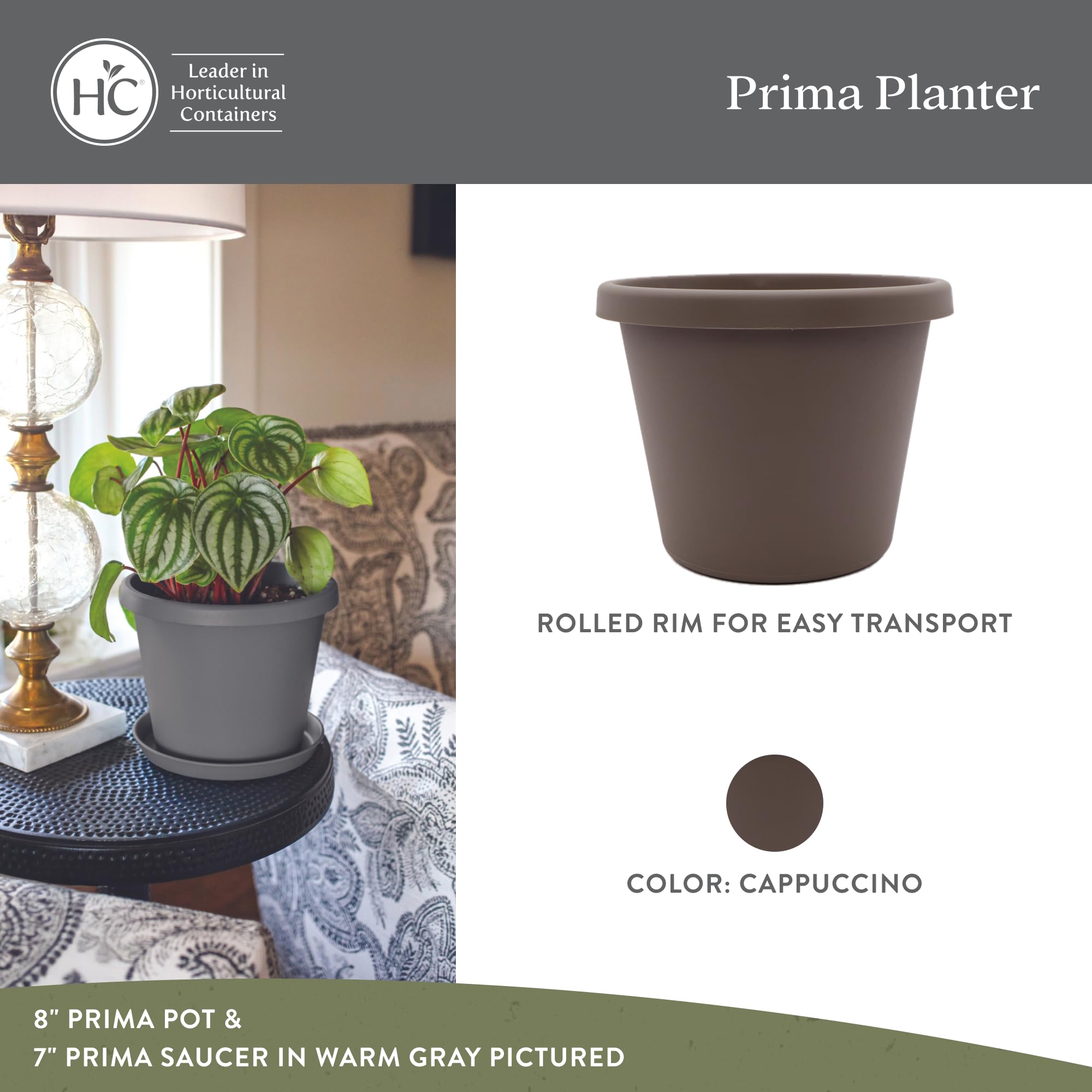 The HC Companies Prima Round Planter Pot 6-inch cappuccino side view