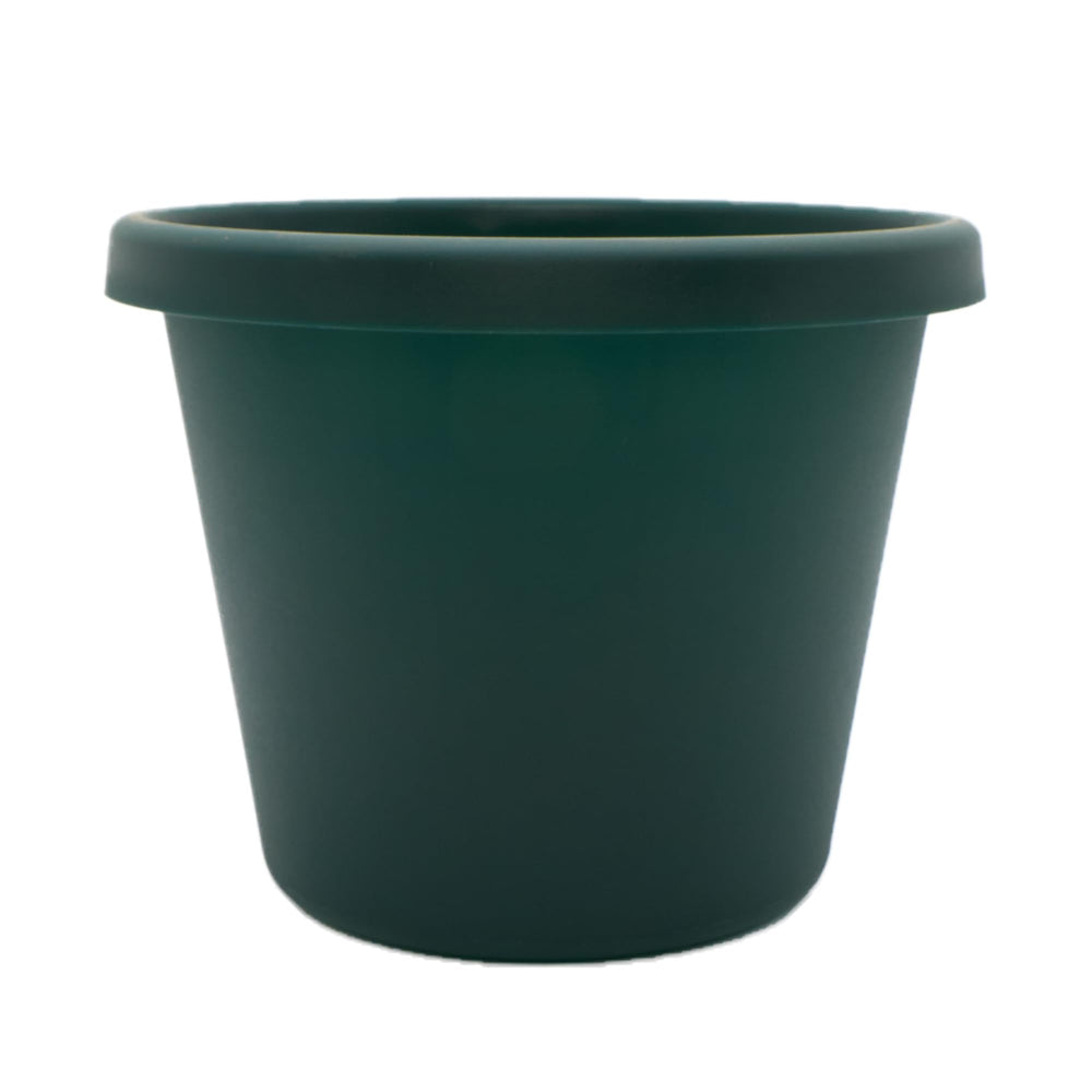 The HC Companies Prima Round Plastic Plant Pot front view, evergreen colour