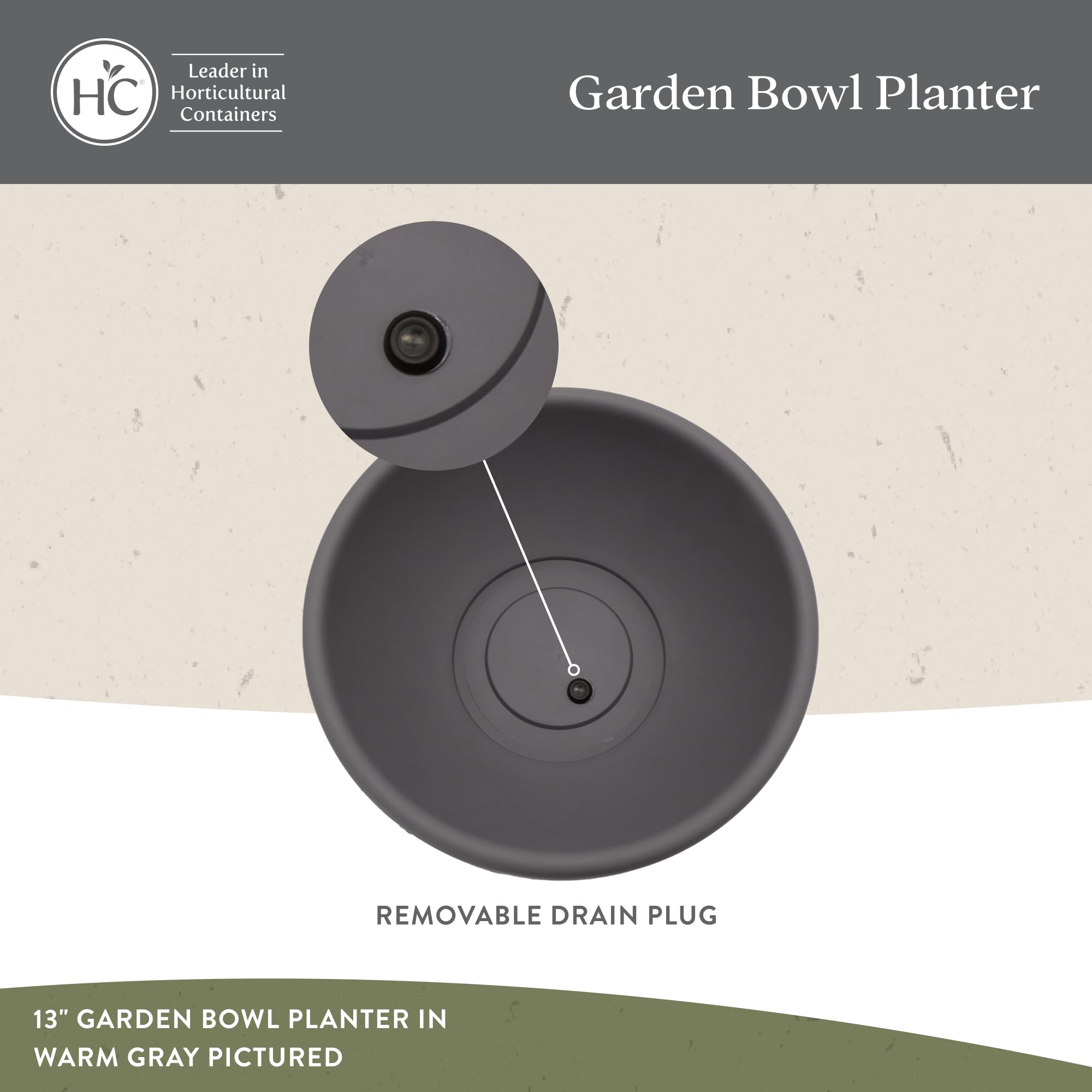 The HC Companies Shallow Planter showing drainage plug