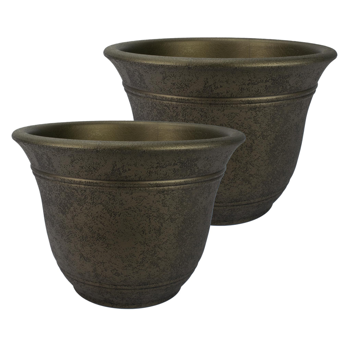 The HC Companies Sierra Round Self-Watering Pot front view in Celtic Bronze