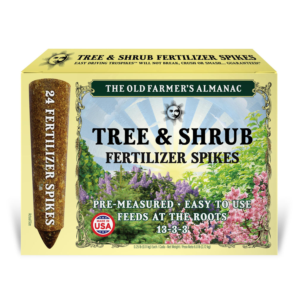 The Old Farmer's Almanac Tree & Shrub Fertilizer Spikes box with 24 spikes