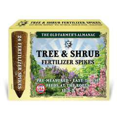 The Old Farmer's Almanac Tree & Shrub Fertilizer Spikes box with 24 spikes