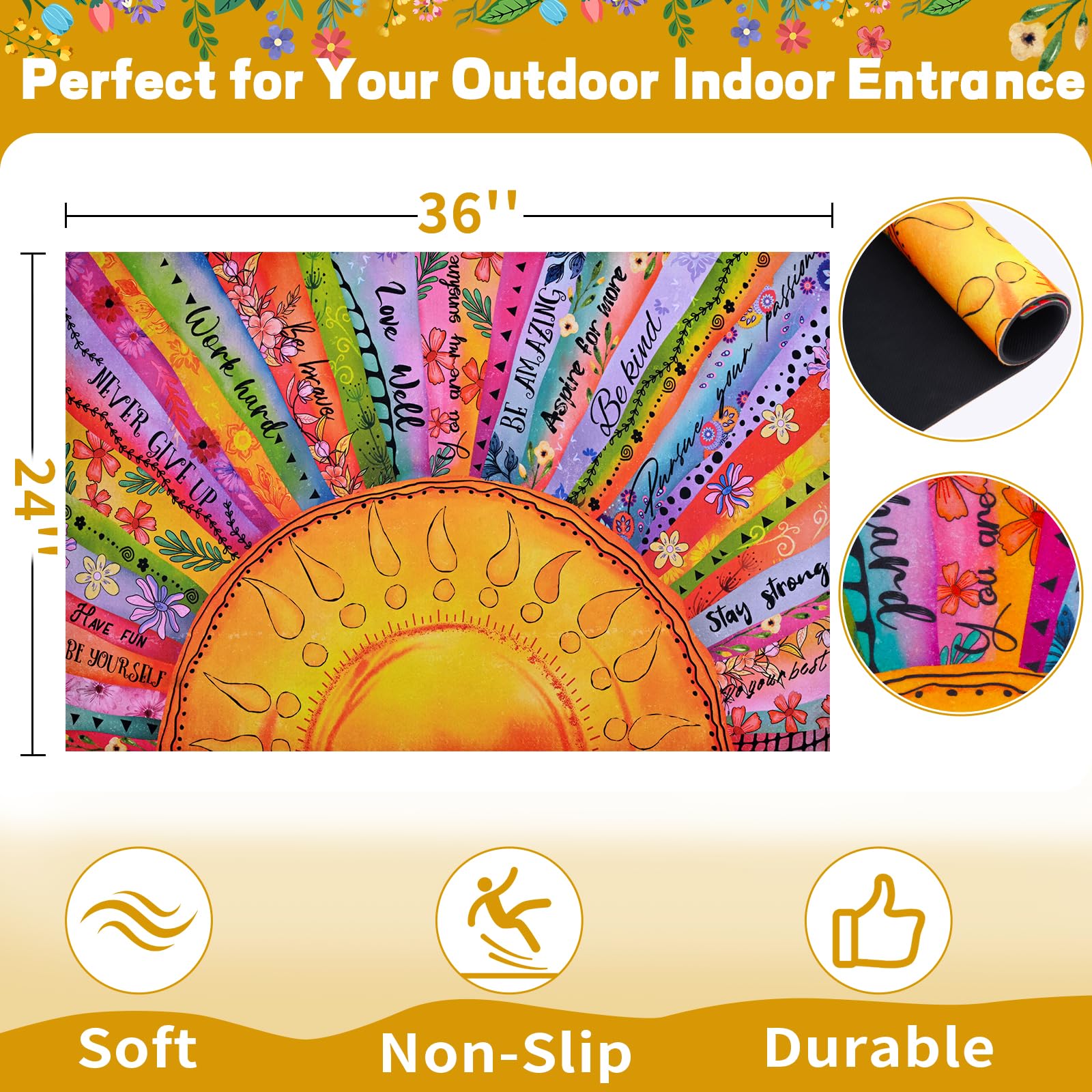 The vibrant orange floral design of the Likiyol Boho Sun Door Mat