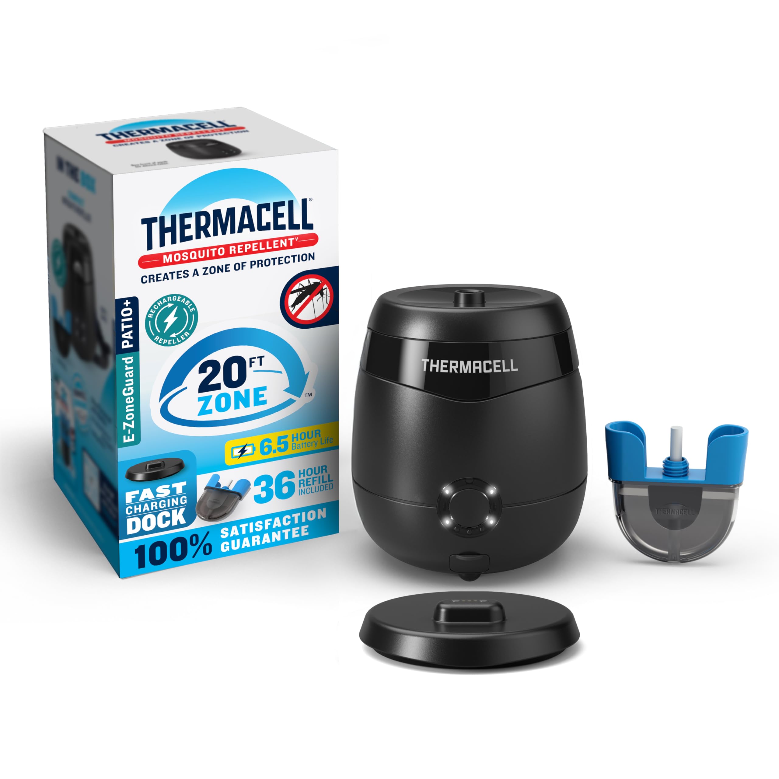 Thermacell E-ZoneGuard Patio Mosquito Repeller front view with charging dock