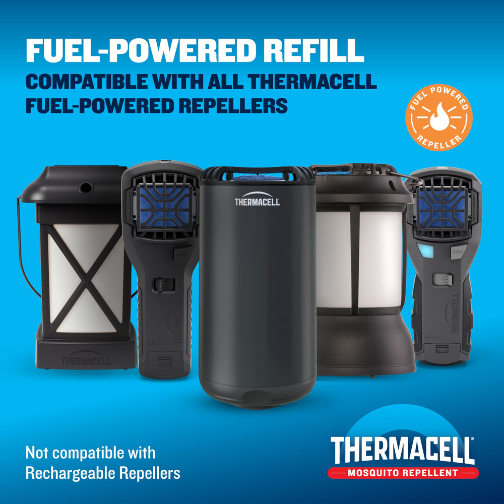 Thermacell repellent mats and butane fuel cartridges in packaging