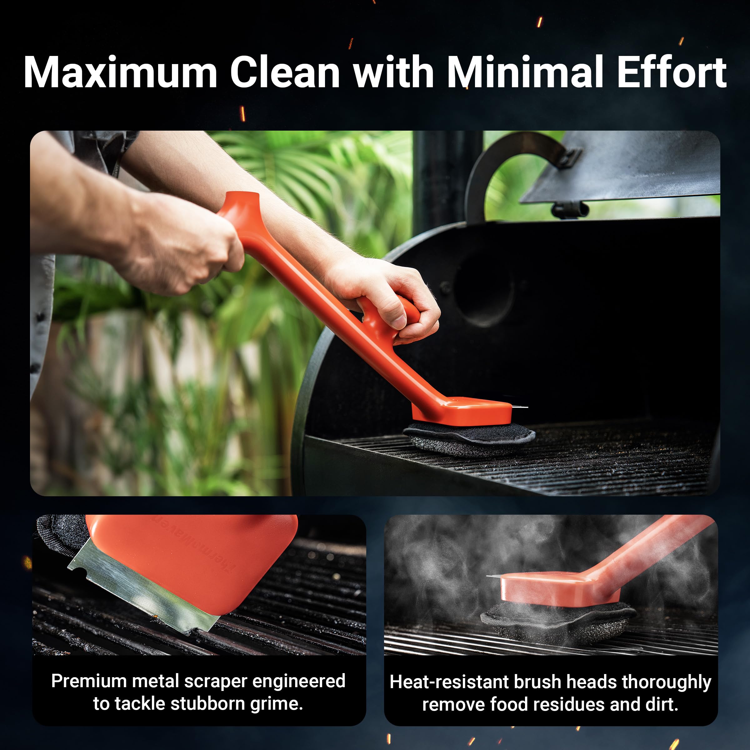 ThermoMaven grill brush replacement heads displayed on a countertop