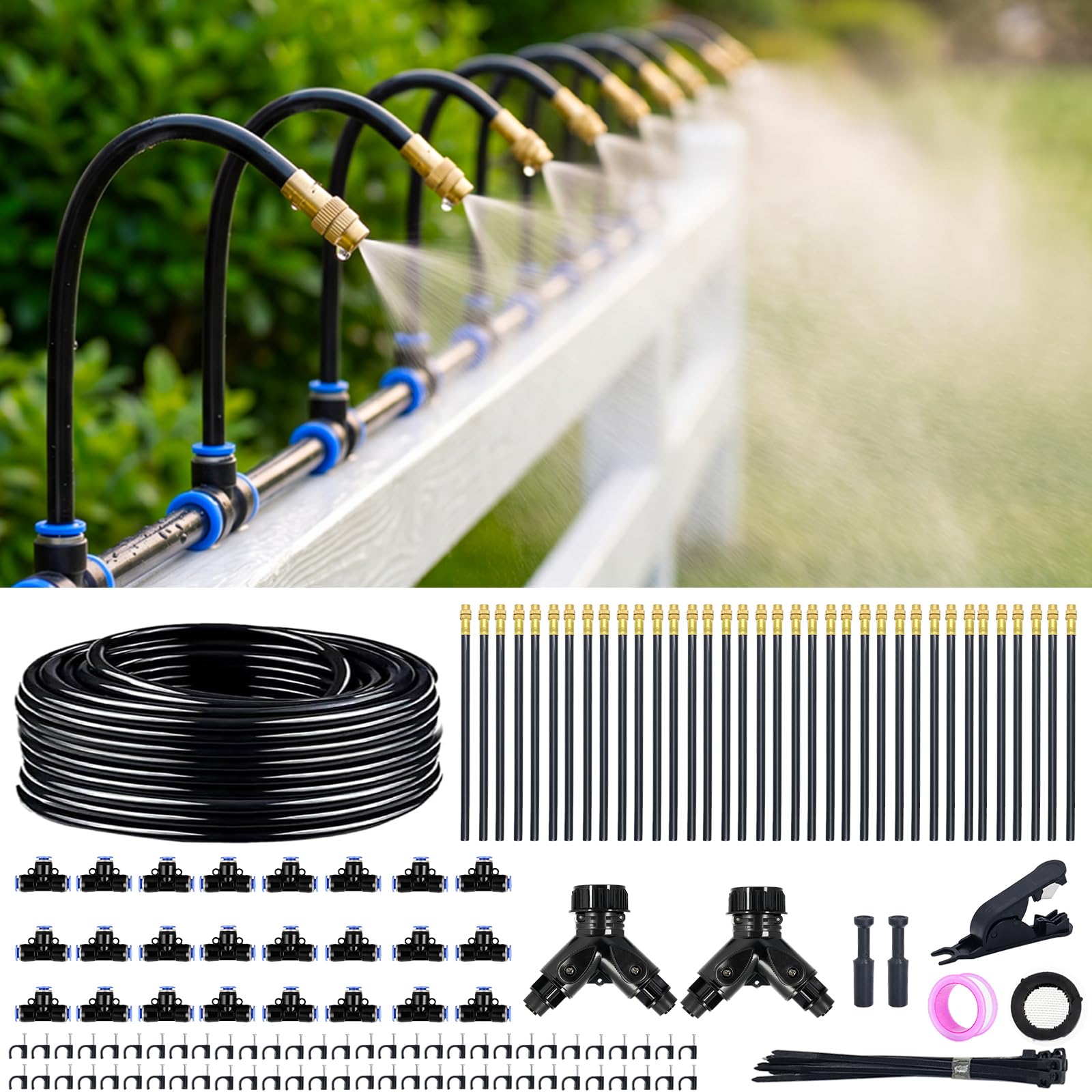 Thiswing 200FT irrigation system with adjustable nozzles and tubing