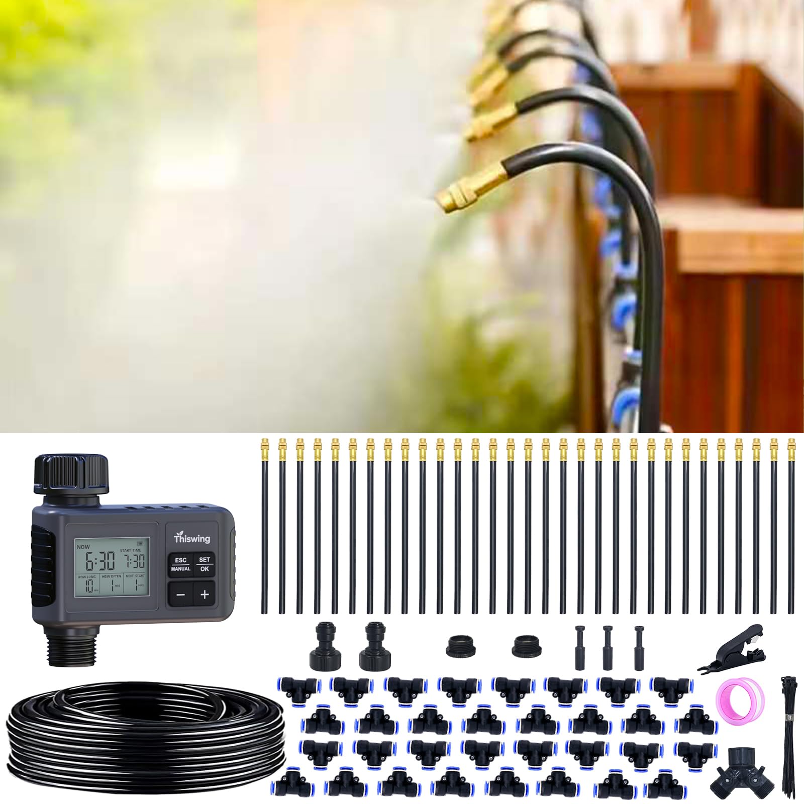Thiswing 360° Adjustable Drip Irrigation System with Timer and Tubing