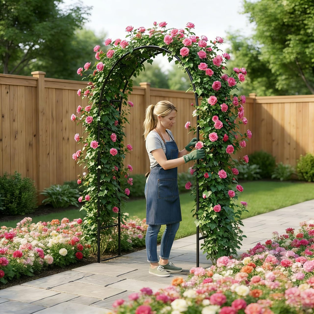 THORISE Metal Pergola Arbor as a photo backdrop with flowers
