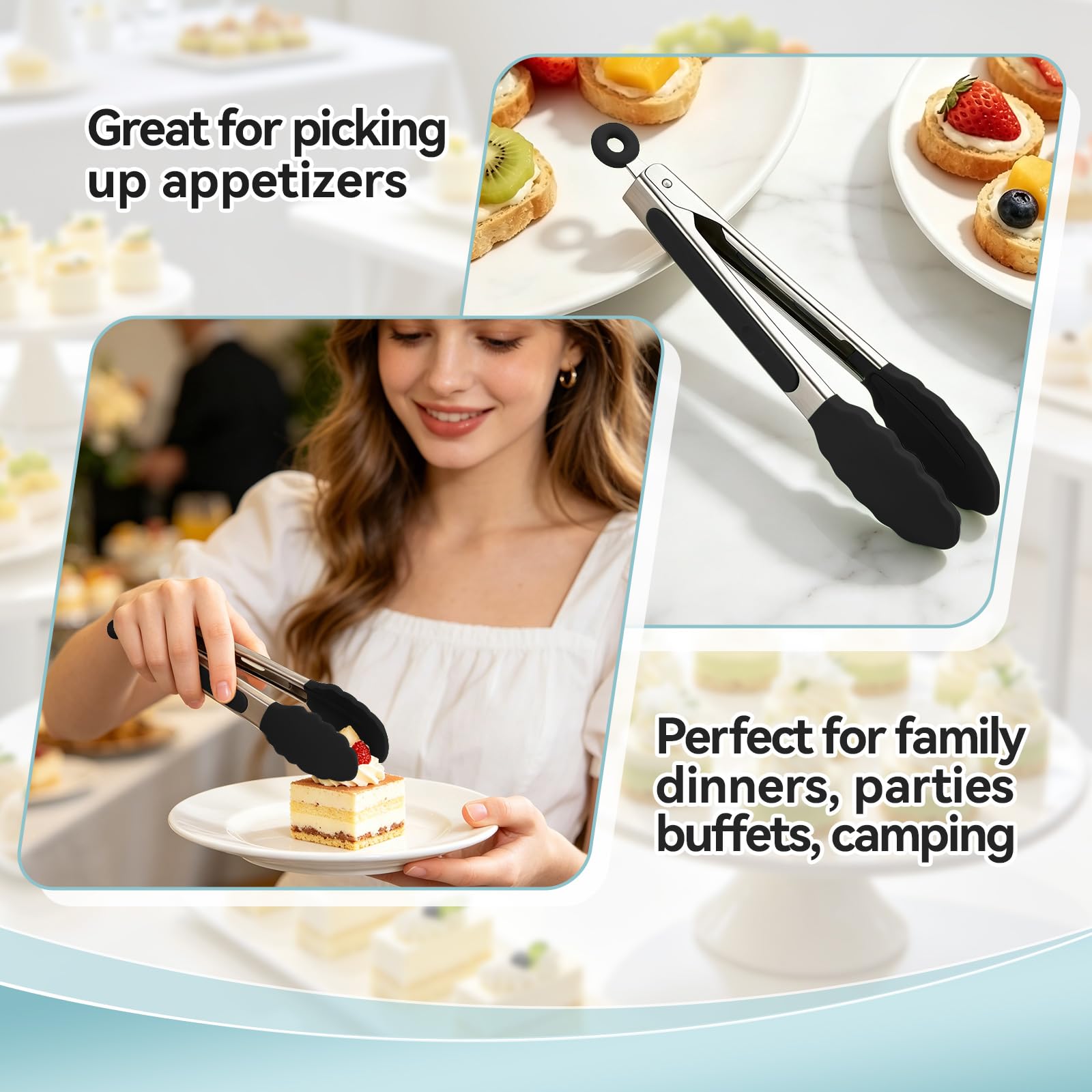 Three EEKEDO tongs in black, gray, and white laid on kitchen counter
