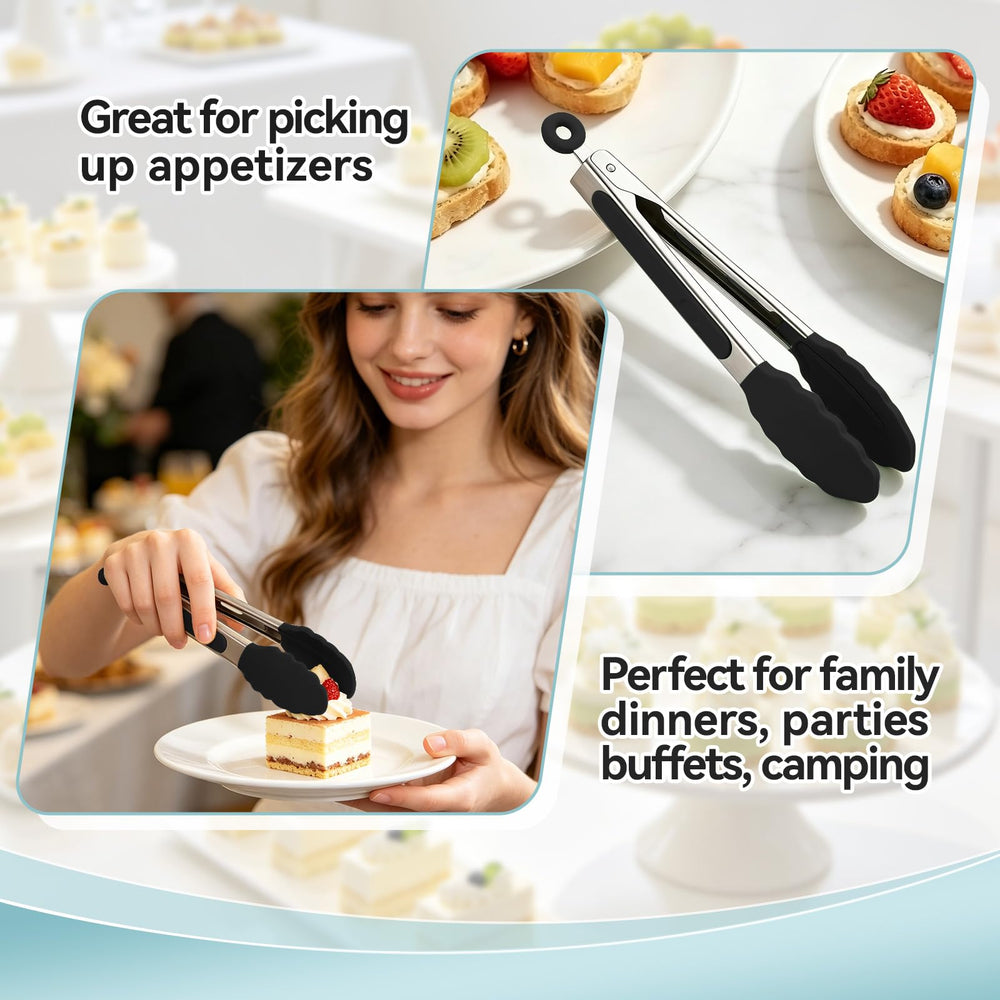 Three EEKEDO tongs in black, gray, and white laid on kitchen counter