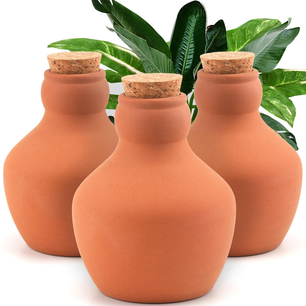 Three large terracotta olla watering pots in a garden setting