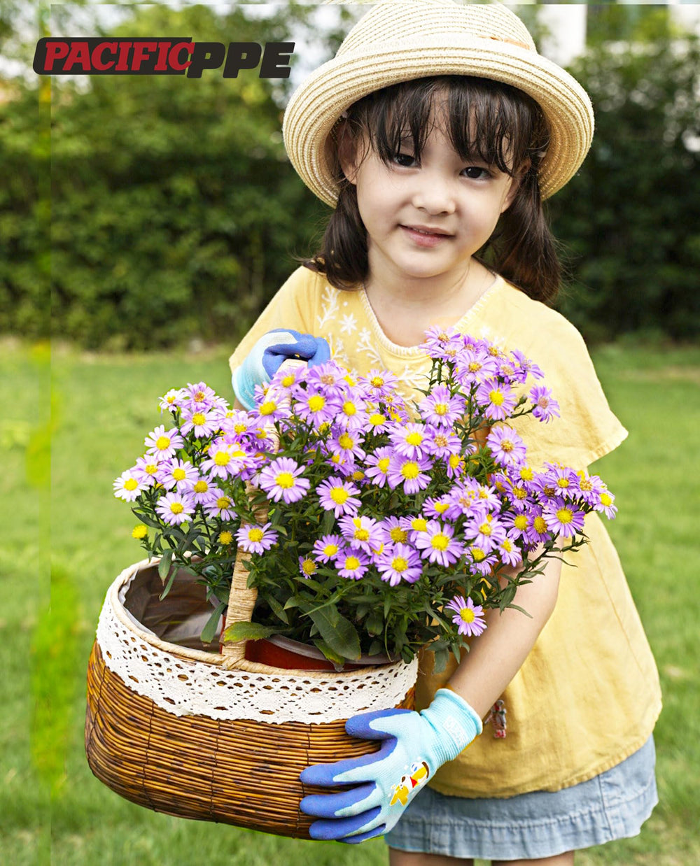 Three pairs of PACIFIC PPE Kids Gardening Gloves in blue, green and yellow